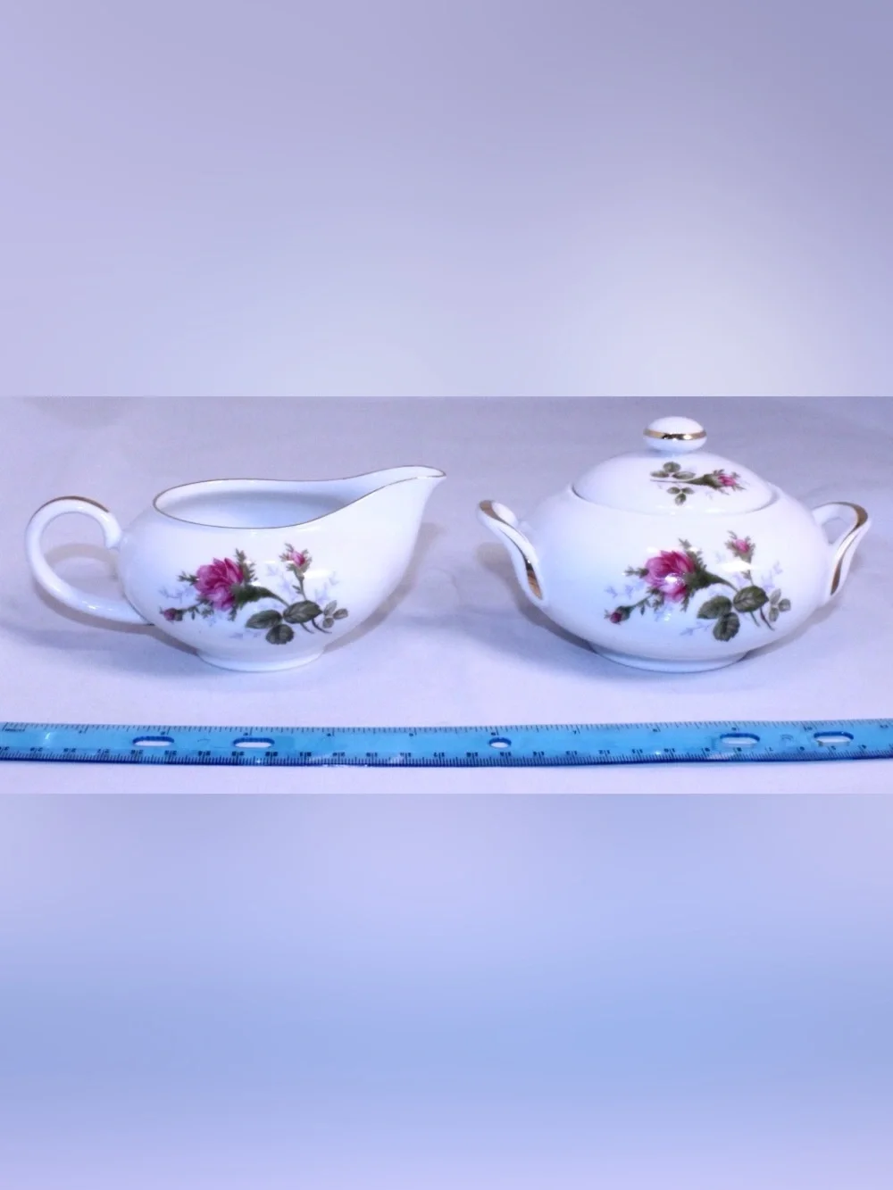 Vintage Sango Japan Moss Rose Porcelain Creamer and Lidded Sugar Set - Gold Trim